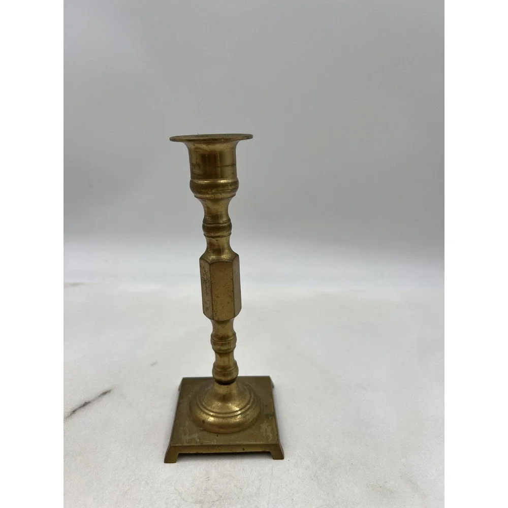 Vintage Solid Brass Candlestick Holder Square Footed Base Made in Japan 7 Inch